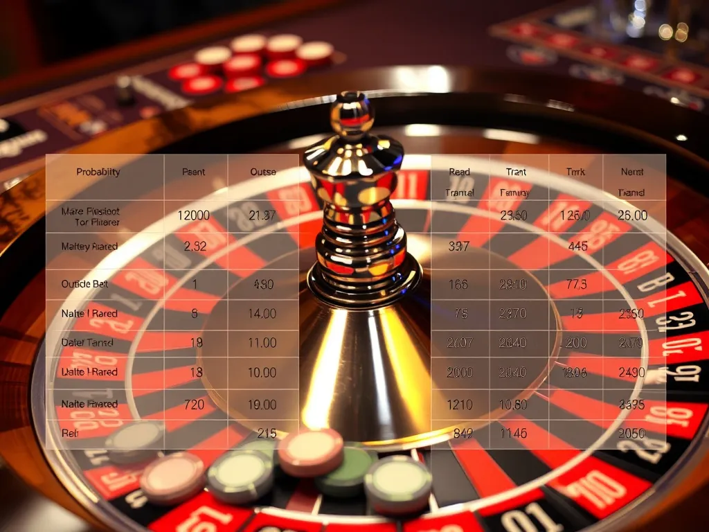 Bàn roulette với chip đặt cược trên các ô số và loại cược ngoài, kèm biểu đồ tỷ lệ trả thưởng trong suốt, minh họa luật chơi roulette và house edge. Bàn roulette với chip đặt cược trên các ô số và loại cược ngoài, kèm biểu đồ tỷ lệ trả thưởng trong suốt, minh họa luật chơi roulette và house edge.