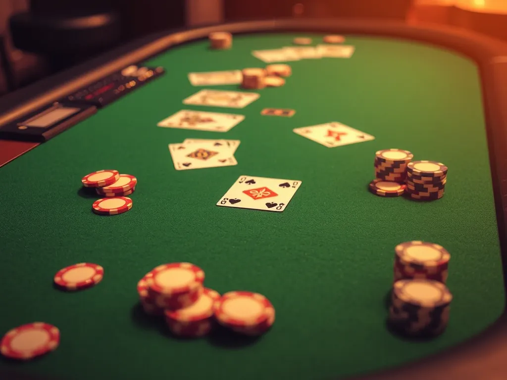 Bàn xanh poker với lá bài Texas Hold'em và chip, ánh sáng ấm, không khí casino chuyên nghiệp minh họa luật chơi poker cơ bản