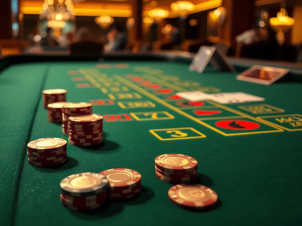 Bàn xì tố màu xanh lục với chip bài và lá bài đã chia sẵn, không gian casino sang trọng với ánh sáng ấm, minh họa cho bài viết hướng dẫn cách chơi liêng.
