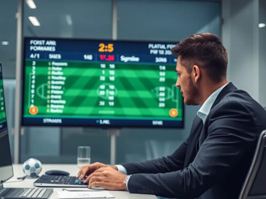 Bảng kèo 2.5 đang được phân tích trong văn phòng chuyên nghiệp, chuyên gia soi kèo tài xỉu trên màn hình hiển thị tỷ lệ cược bóng đá chi tiết