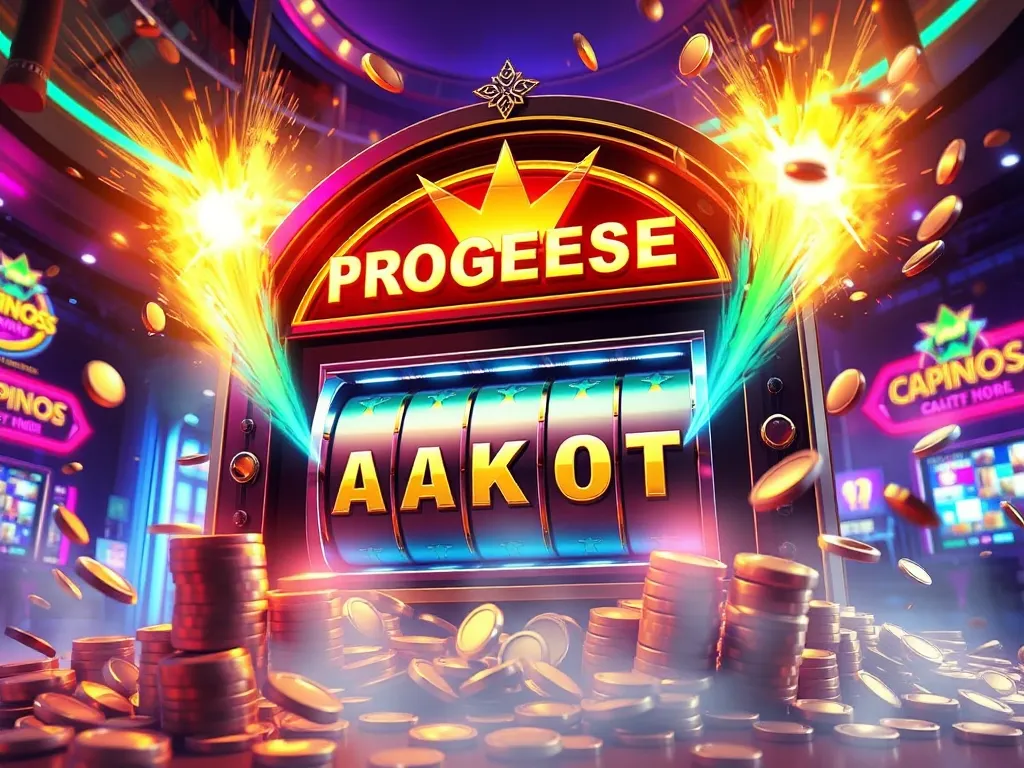 Biểu tượng nổ hũ jackpot tích lũy với đồng xu bắn ra và thanh tiến trình tăng, phong cách minh họa số trong không gian casino neon.