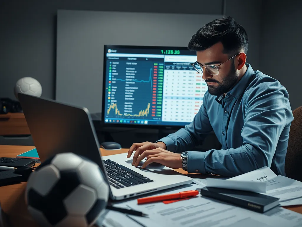 Chuyên gia cá cược bóng đá đang phân tích tỷ lệ kèo 2.25 và thống kê trận đấu trên laptop với bóng đá và tài liệu xung quanh