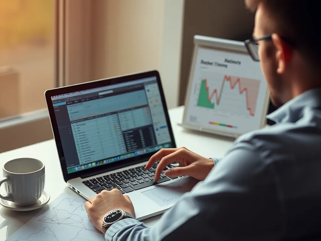 Chuyên gia phân tích thống kê trận đấu trên laptop với biểu đồ, tách cà phê nearby, ánh sáng nhẹ, minh họa cho kèo 2.75
