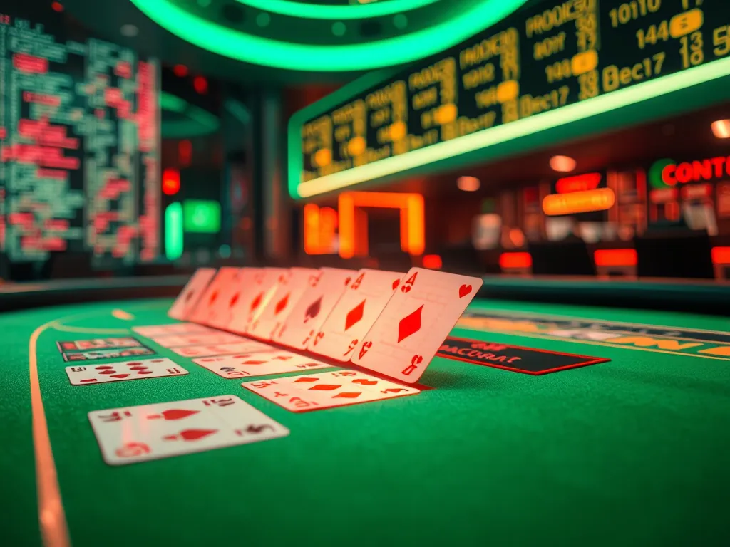 Giao diện bàn đánh baccarat online với các lá bài phát ra nhanh trên bàn xanh, ánh sáng neon và dữ liệu số chuyển động, phong cách công nghệ cao.