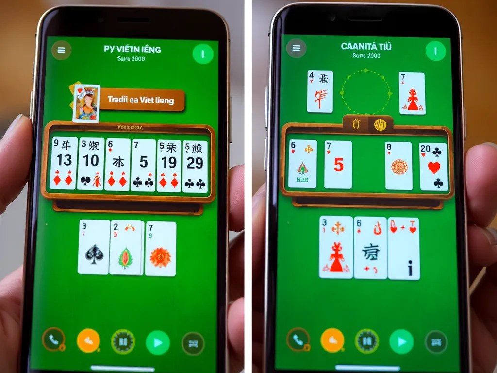 Hai bàn chơi bài liêng và cào tố trên màn hình điện thoại, minh họa cách chơi liêng với bài truyền thống và cào tố hiện đại Hai bàn chơi bài liêng và cào tố trên màn hình điện thoại, minh họa cách chơi liêng với bài truyền thống và cào tố hiện đại