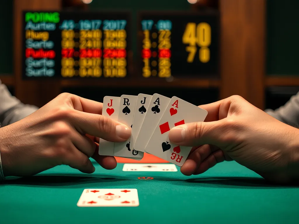 Hai bàn tay sắp xếp các bộ bài tứ sắc đặc biệt trên bàn xanh, màn hình điện tử hiển thị thuật toán điểm số phía sau, không có chữ viết Hai bàn tay sắp xếp các bộ bài tứ sắc đặc biệt trên bàn xanh, màn hình điện tử hiển thị thuật toán điểm số phía sau, không có chữ viết