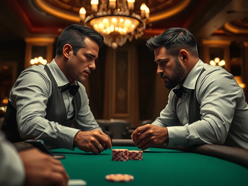 Hai người chơi đang quan sát nhau chặt chẽ trong không gian casino, bàn cược với những viên chip, minh họa cho cách chơi liêng. Hai người chơi đang quan sát nhau chặt chẽ trong không gian casino, bàn cược với những viên chip, minh họa cho cách chơi liêng.