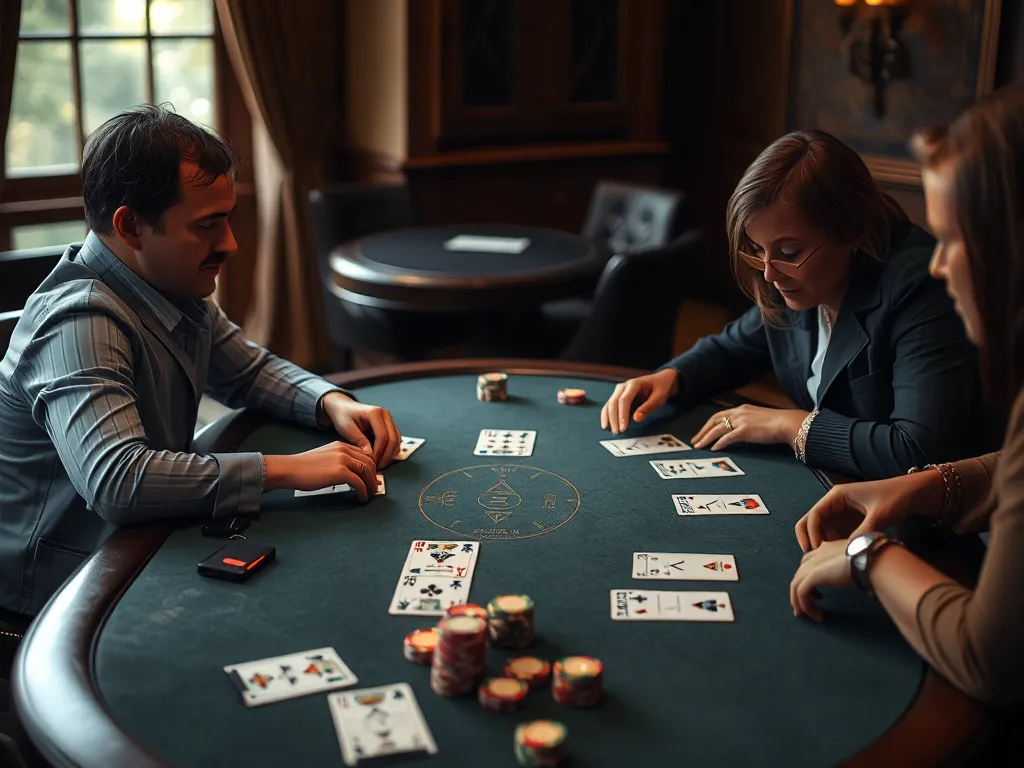 Hai người chơi đang xếp hạng lá bài và đặt chip cược trên bàn, thể hiện cách chơi liêng cơ bản Hai người chơi đang xếp hạng lá bài và đặt chip cược trên bàn, thể hiện cách chơi liêng cơ bản