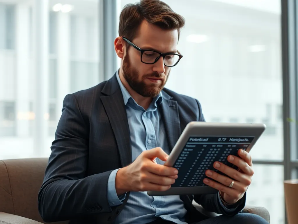 Hình ảnh chuyên gia phân tích đang xem tỷ lệ cược bóng đá trên máy tính bảng, minh họa kèo 0.75 với biểu đồ số liệu rõ ràng trong văn phòng hiện đại