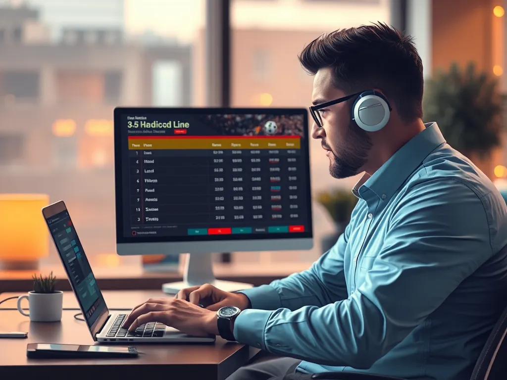 Hình ảnh chuyên gia phân tích kèo 3.5 trên laptop với biểu đồ tỷ lệ cược bóng đá, văn phòng hiện đại, minh họa kèo chấp 3.5 trái trong cá cược thể thao