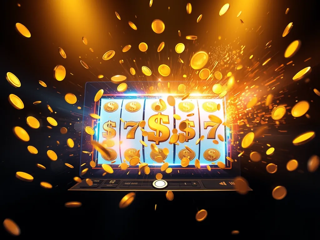 Hình ảnh đồng tiền vàng và biểu tượng tiền tệ nổ tung từ màn hình máy chơi slot kỹ thuật số trên nền tối, ánh sáng vàng và xanh rực rỡ, không khí hào hứng.