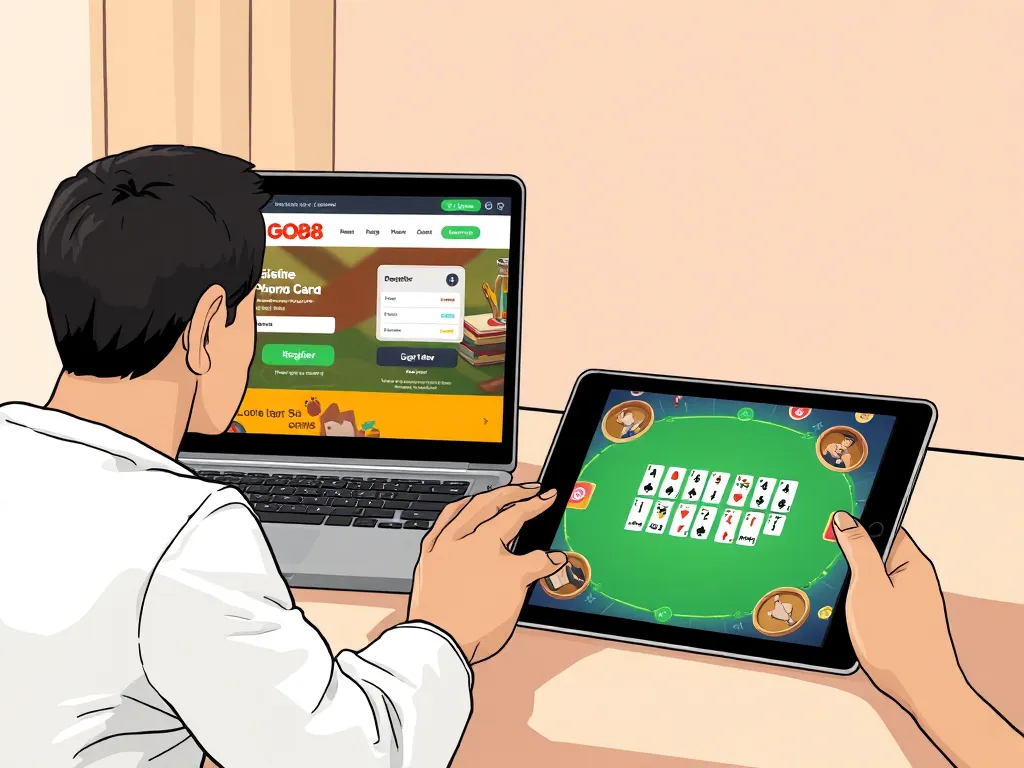 Hình ảnh minh họa quy trình đăng ký tài khoản GO88 và chơi phỏm trực tuyến, thể hiện cách chơi phỏm cơ bản cho người mới bắt đầu với giao diện thân thiện.