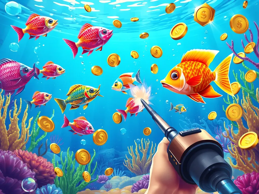 Hình minh họa chế độ bắn cá ăn xu trong game, cá bơi đa sắc, xu vàng xuất hiện khi bắn trúng, biểu tượng tiền mặt cho quy trình đổi thưởng Hình minh họa chế độ bắn cá ăn xu trong game, cá bơi đa sắc, xu vàng xuất hiện khi bắn trúng, biểu tượng tiền mặt cho quy trình đổi thưởng