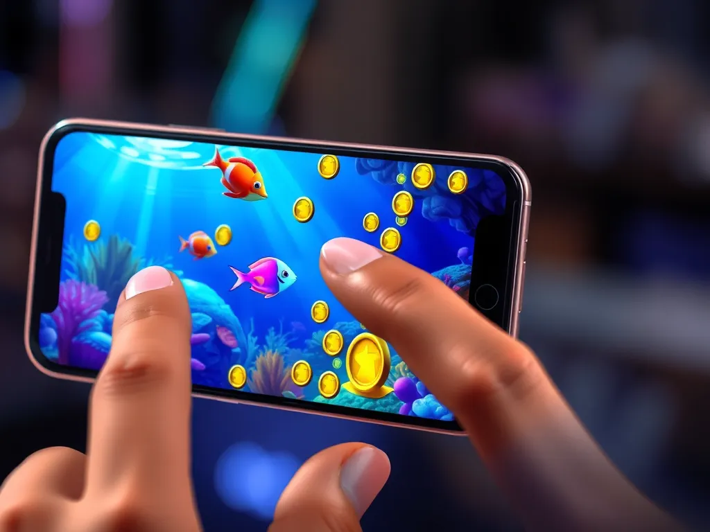 Màn hình điện thoại chơi game bắn cá ăn xu GO88 với cá kỳ màu sắc và xu kim loại, người chơi đang bóp cò bắn hạ cá trên biển.