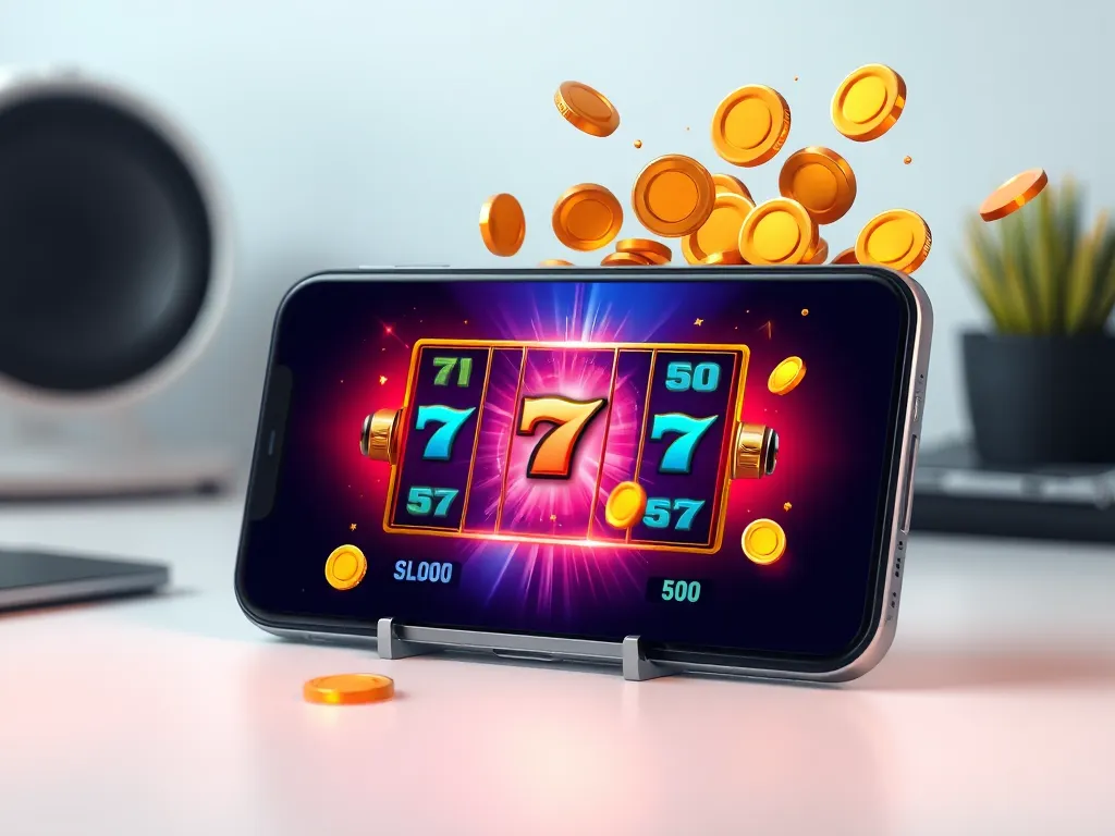Màn hình điện thoại hiển thị trò chơi slot trực tuyến với đồng xu nổ tung, minh họa cho chủ đề nổ hũ tặng code khởi nghiệp và điều kiện rút thưởng.