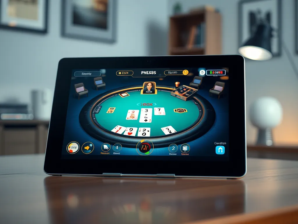 Màn hình máy tính bảng hiển thị bàn chơi poker trực tuyến với đồ họa sống động, ánh sáng xanh vàng nhẹ, không gian làm việc tại nhà tối giản, minh họa cho hướng dẫn cách chơi poker.
