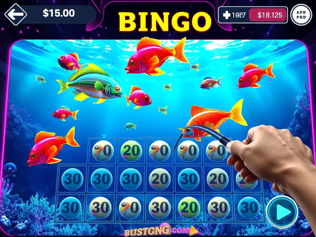 Màn hình trò chơi điện tử hiển thị cá bơi trên lưới bingo, cơ chế kết hợp bắn cá và hoàn thành mẫu hình trong game bắn cá bingo
