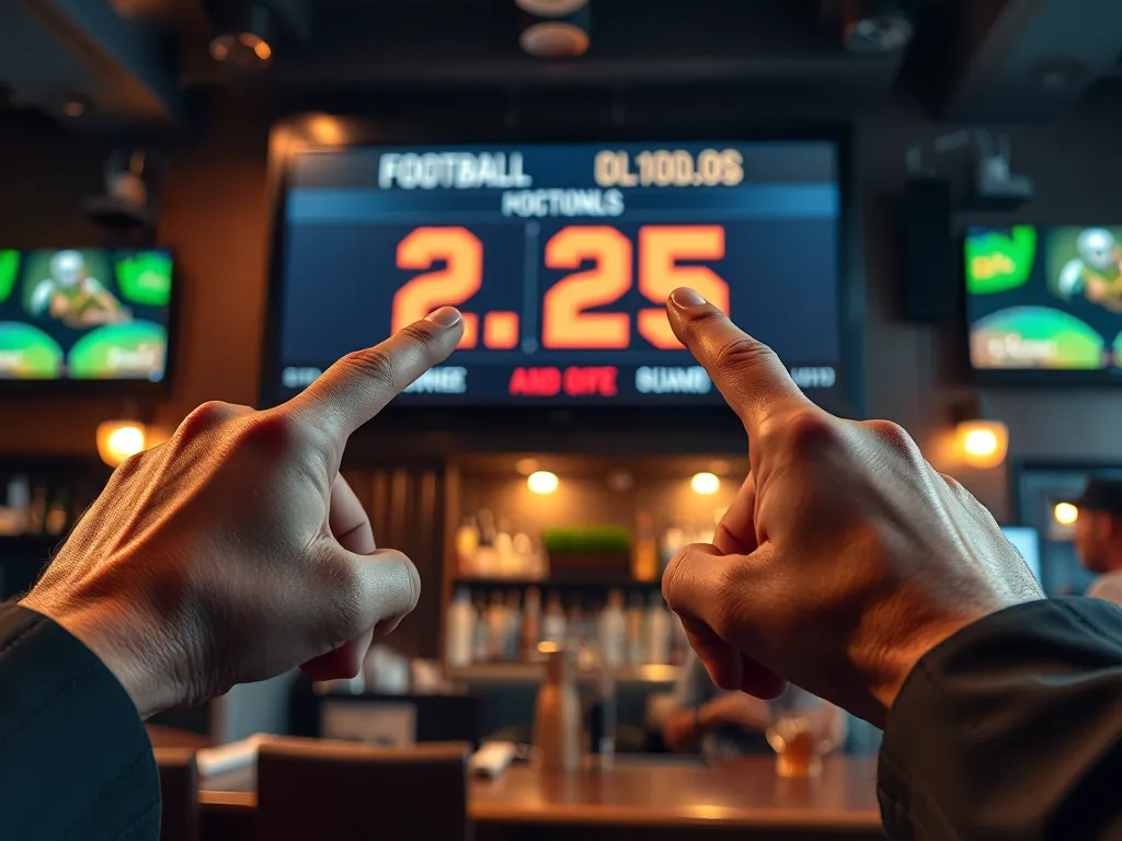 Minh họa bảng kèo 2.25 trong bóng đá với hai bàn tay chỉ vào con số 2.25 trên màn hình đặt cược tại quán bar thể thao Minh họa bảng kèo 2.25 trong bóng đá với hai bàn tay chỉ vào con số 2.25 trên màn hình đặt cược tại quán bar thể thao