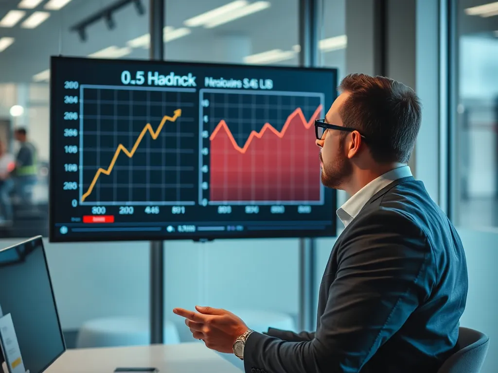 Minh họa cho câu hỏi "Kèo 0.5 là gì", một chuyên gia phân tích biểu đồ cược trên màn hình lớn trong văn phòng hiện đại, ánh sáng tự nhiên nhẹ nhàng, thể hiện định nghĩa và nguyên tắc cơ bản