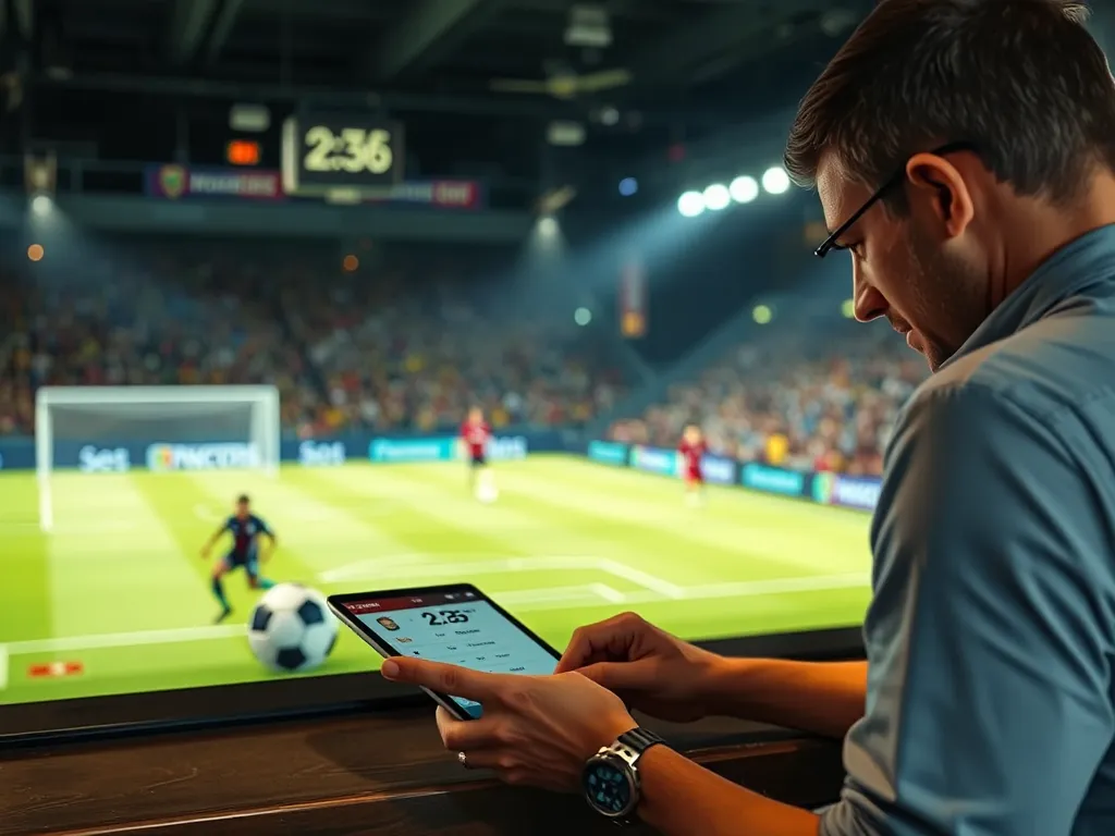 Minh họa kèo 2.5 trong cá cược bóng đá với người chơi phân tích tỷ lệ trên tablet tại quán bar thể thao hiện đại