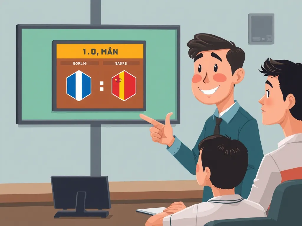 Minh họa người hướng dẫn chỉ vào bảng điểm kỹ thuật số hiển thị kèo 1.5 cho hai đội bóng, giải thích kèo 1.5 là gì cho người mới chơi cá cược thể thao