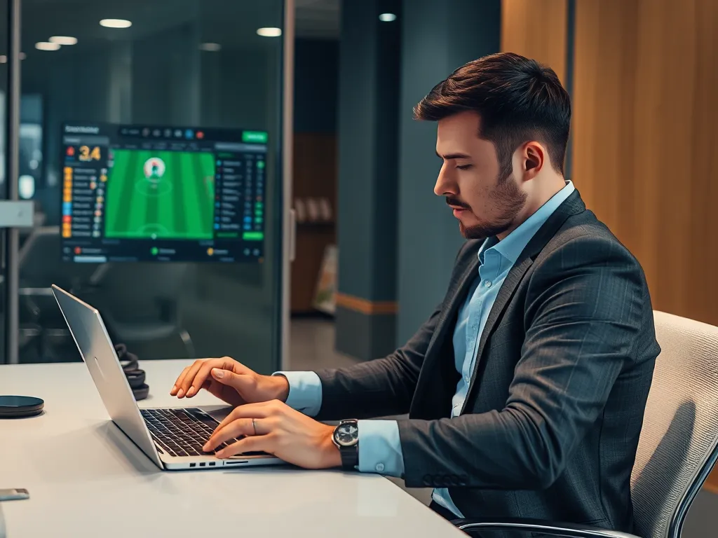 Người cá cược chuyên nghiệp phân tích số liệu trận đấu trên laptop và smartphone để quyết định chọn kèo 2.25 trong văn phòng hiện đại Người cá cược chuyên nghiệp phân tích số liệu trận đấu trên laptop và smartphone để quyết định chọn kèo 2.25 trong văn phòng hiện đại