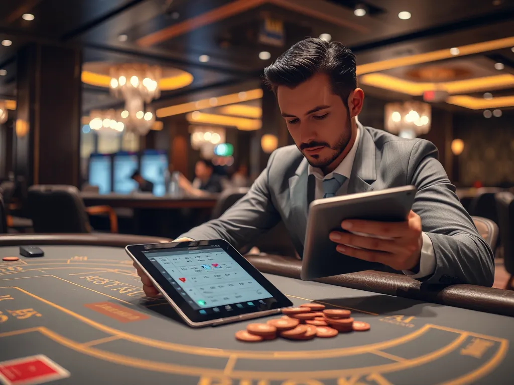 Người chơi baccarat tập trung quản lý vốn và tham khảo chiến thuật trên máy tính bảng tại bàn chơi hiện đại, minh họa cách chơi baccarat khoa học.