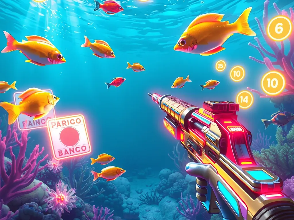 Người chơi bắn cá bingo trong môi trường đại dương sôi động, nhắm súng lao vào cá và các lá bài bingo phát sáng, hình ảnh trò chơi casino trực tuyến