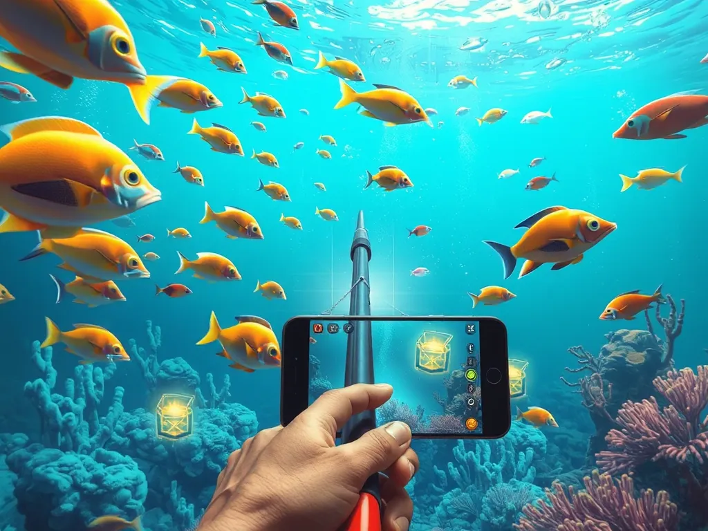 Người chơi bắn cá trên màn hình điện thoại với đồ họa sống động, có cá kỳ lạ và rương thưởng, minh họa cho cách chơi bắn cá đổi thưởng tại GO88