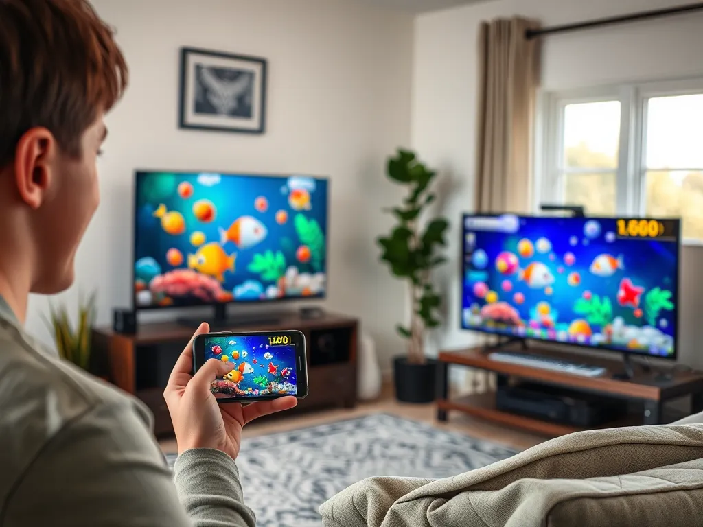 Người chơi đang bắn cá h5 trên điện thoại, màn hình máy tính và TV thông minh hiển thị cùng trò chơi trong phòng khách hiện đại