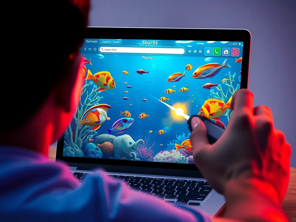 Người chơi đang bắn cá h5 trên trình duyệt máy tính, màn hình hiển thị thế giới đại dương sống động với nhiều loài cá và hiệu ứng bắn.