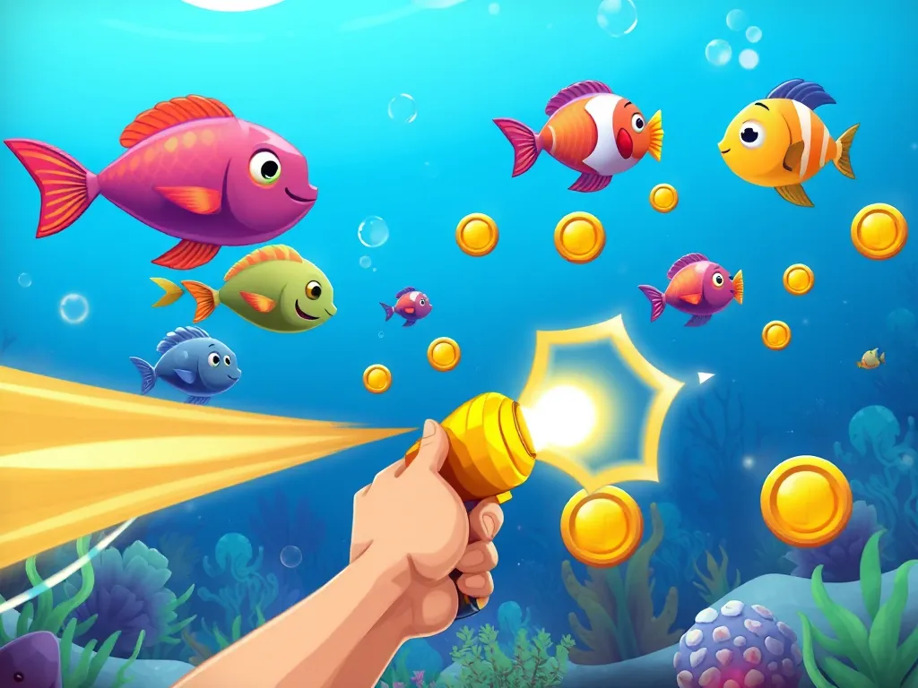 Người chơi đang bắn cá trong game bắn cá ăn xu dưới nước, nhiều đồng xu và cá màu sắc bay xung quanh, giao diện game sáng màu. Người chơi đang bắn cá trong game bắn cá ăn xu dưới nước, nhiều đồng xu và cá màu sắc bay xung quanh, giao diện game sáng màu.