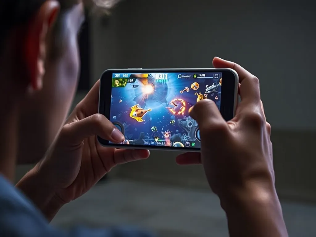 Người chơi đang cầm điện thoại thao tác chơi game bắn cá đổi thưởng, màn hình hiển thị đồ họa đại dương sống động với các loài cá và phần thưởng.