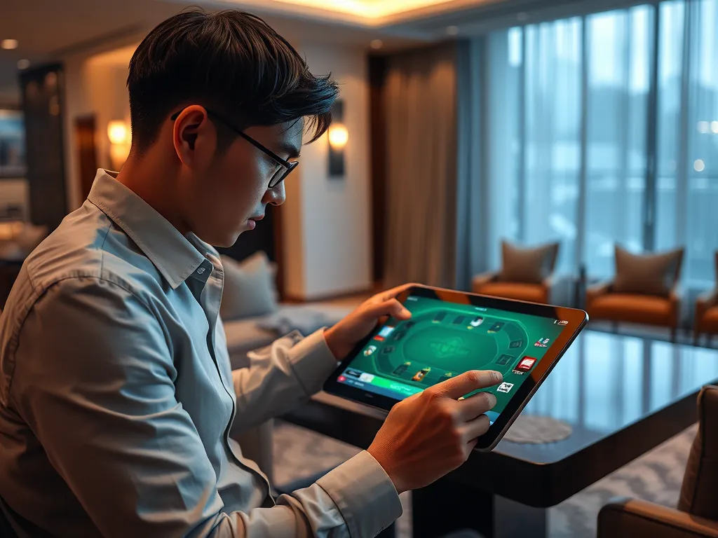 Người chơi đang đánh baccarat trực tuyến trên máy tính bảng hiện đại, bàn cược ảo chân thực trong phòng khách sang trọng tại nhà.