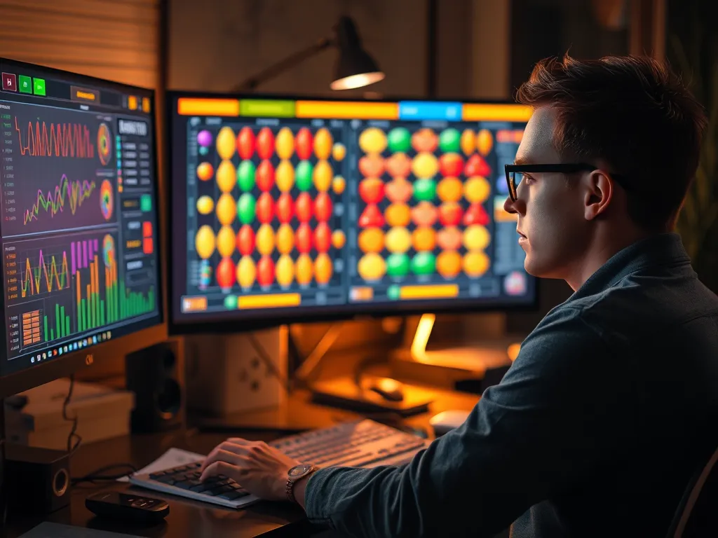 Người chơi đang nghiên cứu biểu đồ mẫu máy nổ hũ trên hai màn hình máy tính trong không gian làm việc tại nhà hiện đại, minh họa kinh nghiệm chơi nổ hũ