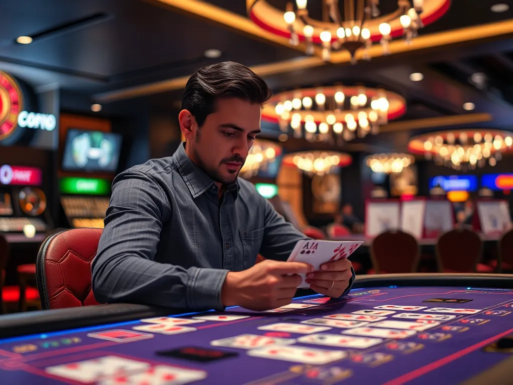 Người chơi đang tập trung phân tích bài xì dách trên bàn chơi kỹ thuật số trong không gian casino hiện đại, minh họa cho phần cách chơi xì dách chiến lược. Người chơi đang tập trung phân tích bài xì dách trên bàn chơi kỹ thuật số trong không gian casino hiện đại, minh họa cho phần cách chơi xì dách chiến lược.