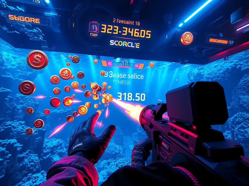 Người chơi đang tập trung vào màn hình trò chơi bắn cá đại dương với biểu tượng xu tiền và tỷ số tăng cao, không gian phòng gaming hiện đại, ánh sáng neon.