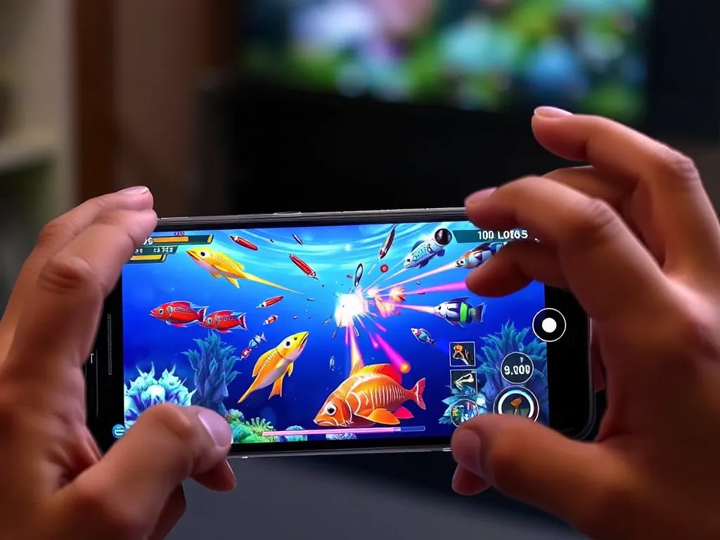 Người chơi đang thao tác trên điện thoại trong game bắn cá online, màn hình hiển thị các loại cá và đạn bắn, minh họa cách chơi game bắn cá online