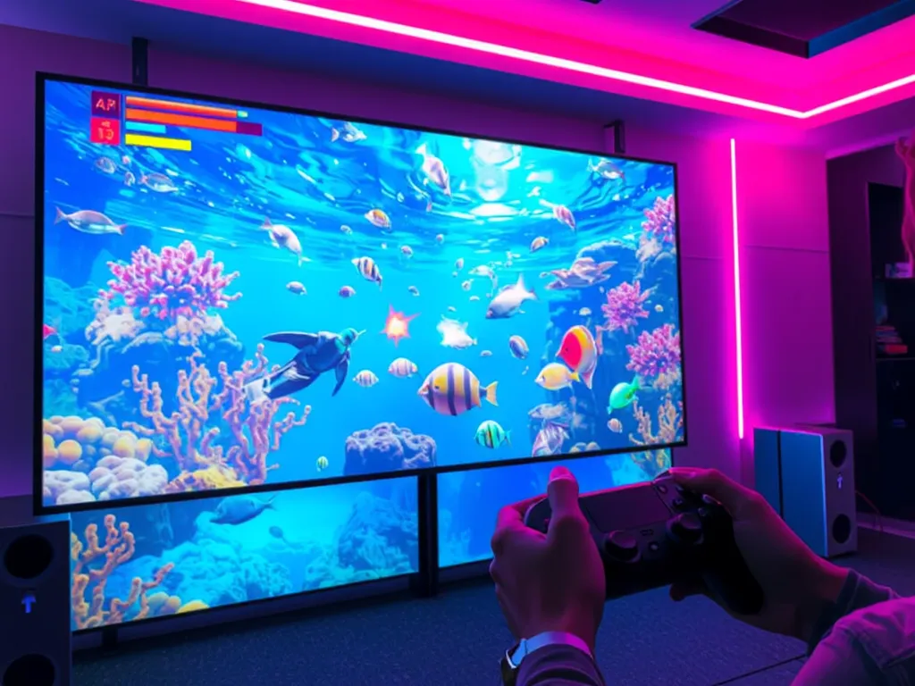 Người chơi đang trải nghiệm trò chơi bắn cá đổi thưởng với đồ họa đại dương sống động trên màn hình lớn, không gian gaming hiện đại với ánh sáng neon.