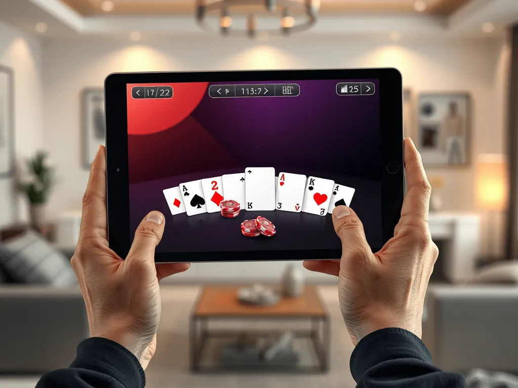 Người chơi đang tương tác với giao diện trò chơi xì dách trên máy tính bảng trong phòng khách hiện đại, ánh sáng dịu. Người chơi đang tương tác với giao diện trò chơi xì dách trên máy tính bảng trong phòng khách hiện đại, ánh sáng dịu.