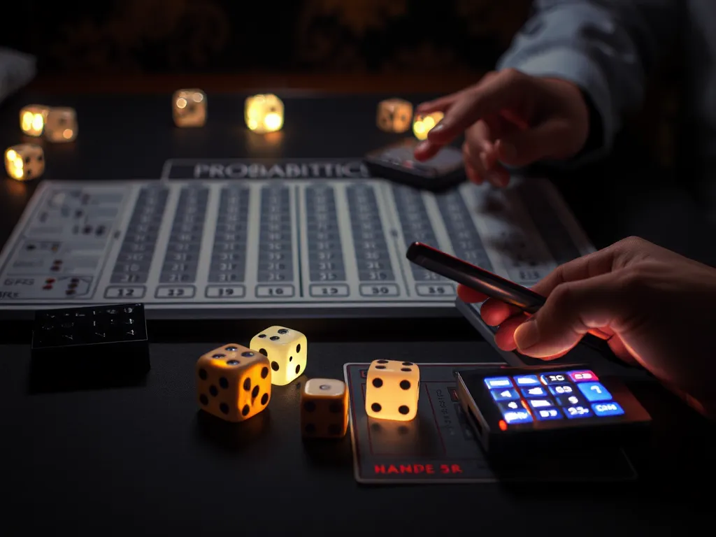 Người chơi phân tích xác suất thắng thực tế trong tài xỉu trên bàn chơi, sử dụng máy tính và biểu đồ, minh họa cho cách chơi tài xỉu chiến lược Người chơi phân tích xác suất thắng thực tế trong tài xỉu trên bàn chơi, sử dụng máy tính và biểu đồ, minh họa cho cách chơi tài xỉu chiến lược