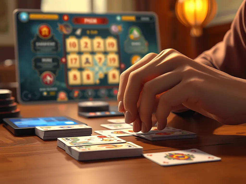 Người chơi sắp xếp bài Phỏm trên bàn gỗ, ánh sáng ấm, giao diện GO88 trên tablet phía sau, minh họa cách chơi phỏm.