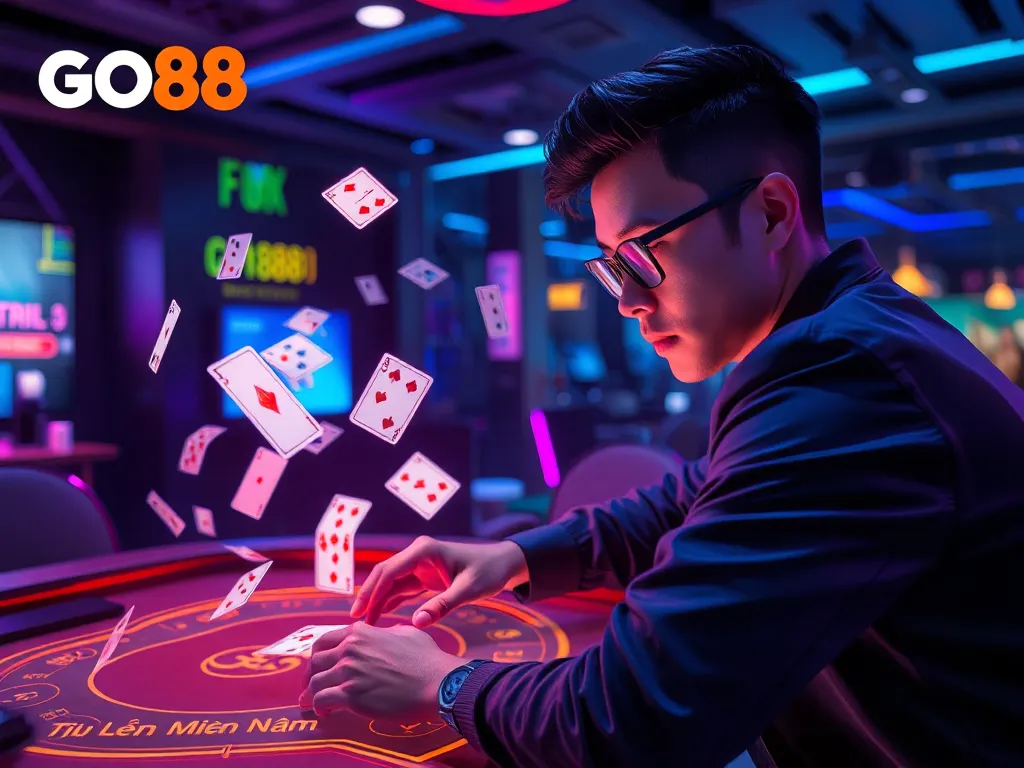 Người chơi tập trung đánh bài tiến lên miền nam trên nền tảng GO88 với giao diện kỹ thuật số hiện đại, ánh sáng neon.