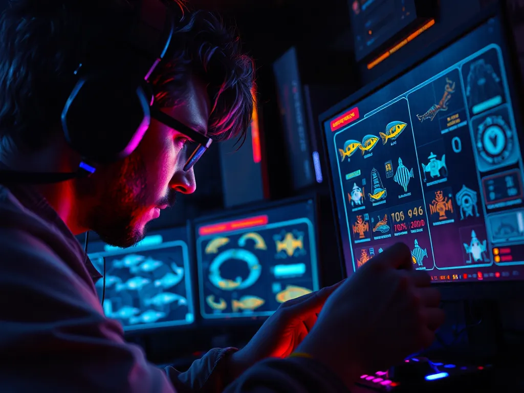 Người chơi tập trung phân tích mẫu hình cá bingo và quản lý đạn, xu trên màn hình kỹ thuật số trong không gian gaming hiện đại, ánh sáng neon rực rỡ