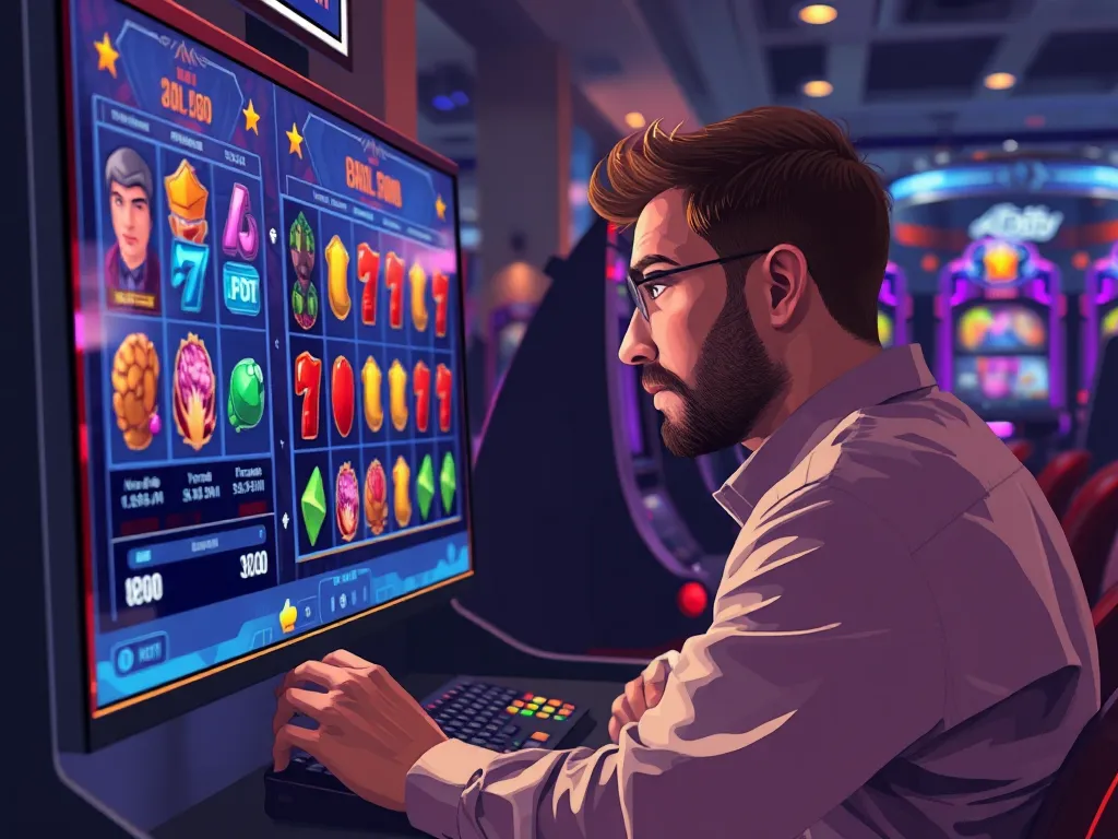 Người chơi tập trung theo dõi và tính toán luật chơi nổ hũ trên màn hình lớn, không gian phòng chơi hiện đại với ánh sáng mềm.