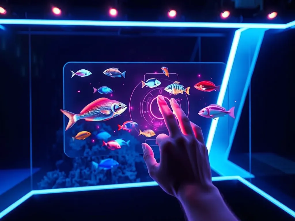 Người chơi tương tác với giao diện game bắn cá online GO88 trên màn hình hologram, cảnh đại dương sáng màu với cá kiểu dáng kỳ lạ, ánh sáng neon xanh.