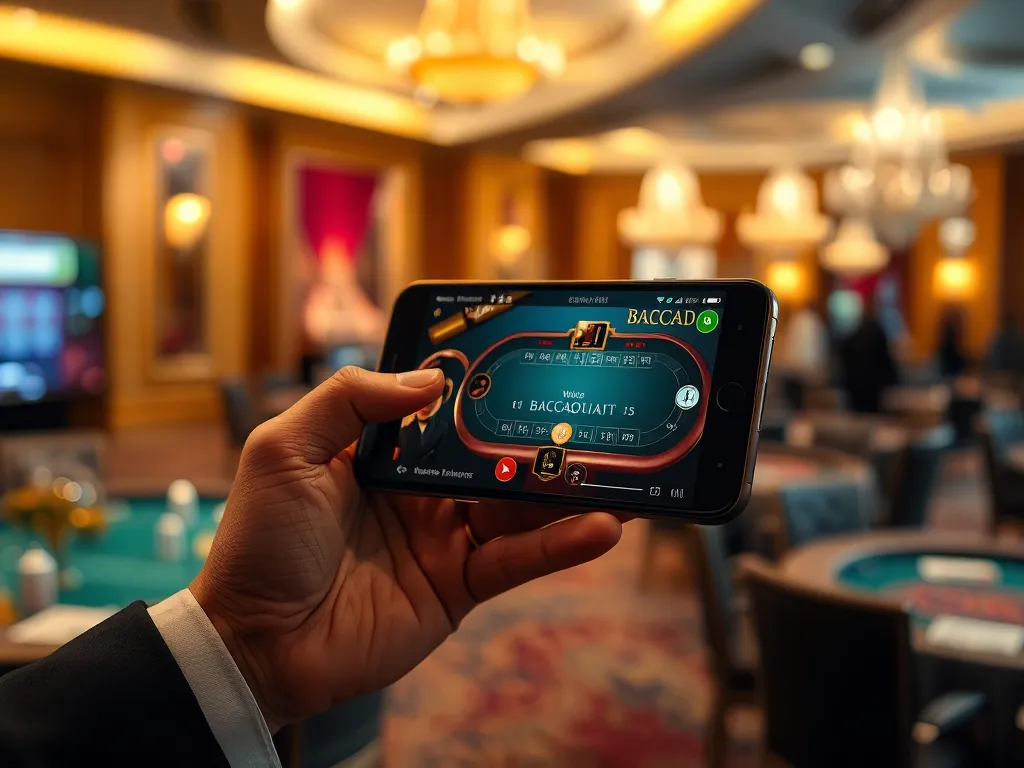 Người dùng cầm điện thoại thao tác trên giao diện bàn baccarat, tải ứng dụng GO88 để đánh baccarat trực tuyến mọi lúc mọi nơi.