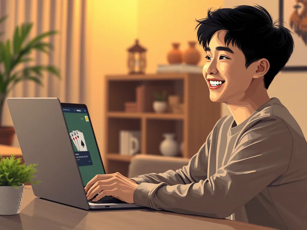 Người mới bắt đầu học cách chơi poker trực tuyến trên laptop với giao diện game hiện đại, không gian làm việc tại nhà ấm cúng và thân thiện.