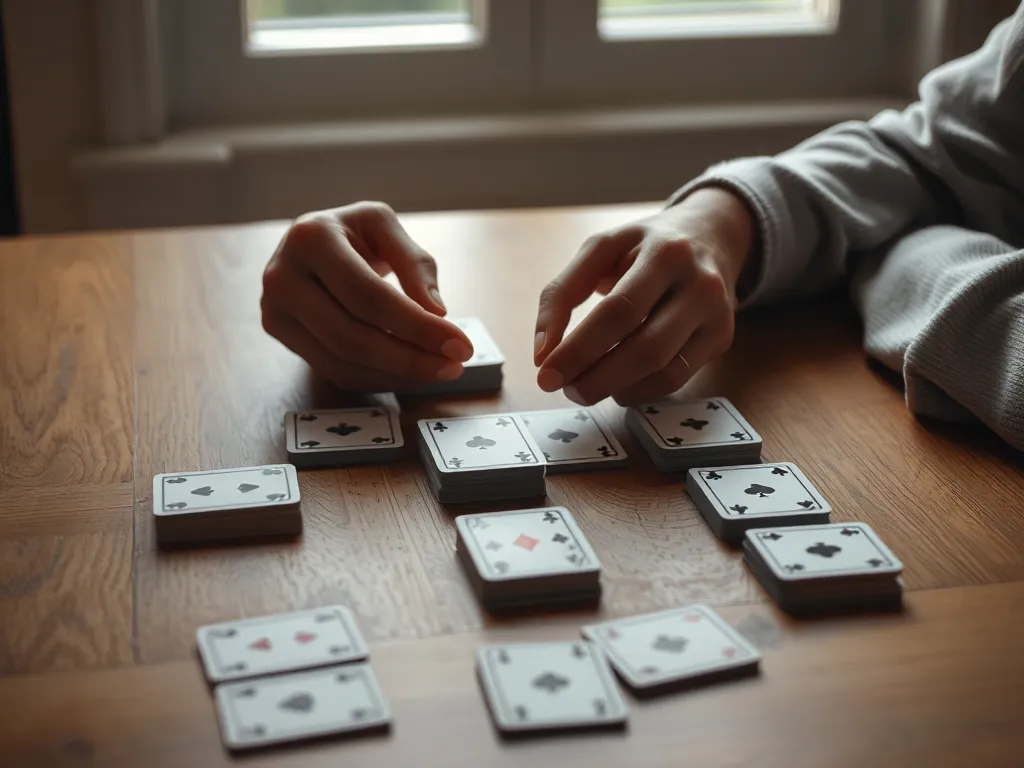 Người mới học sắp xếp bài phỏm thành các bộ có thứ tự trên bàn gỗ, đang tìm hiểu cách chơi phỏm cơ bản.