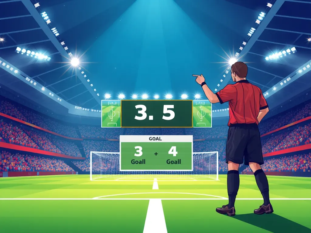 Sơ đồ minh họa kèo 3.5 trong cá cược bóng đá, hình ảnh sân vận động và bảng tỷ số với 3.5 bàn thắng được ghi